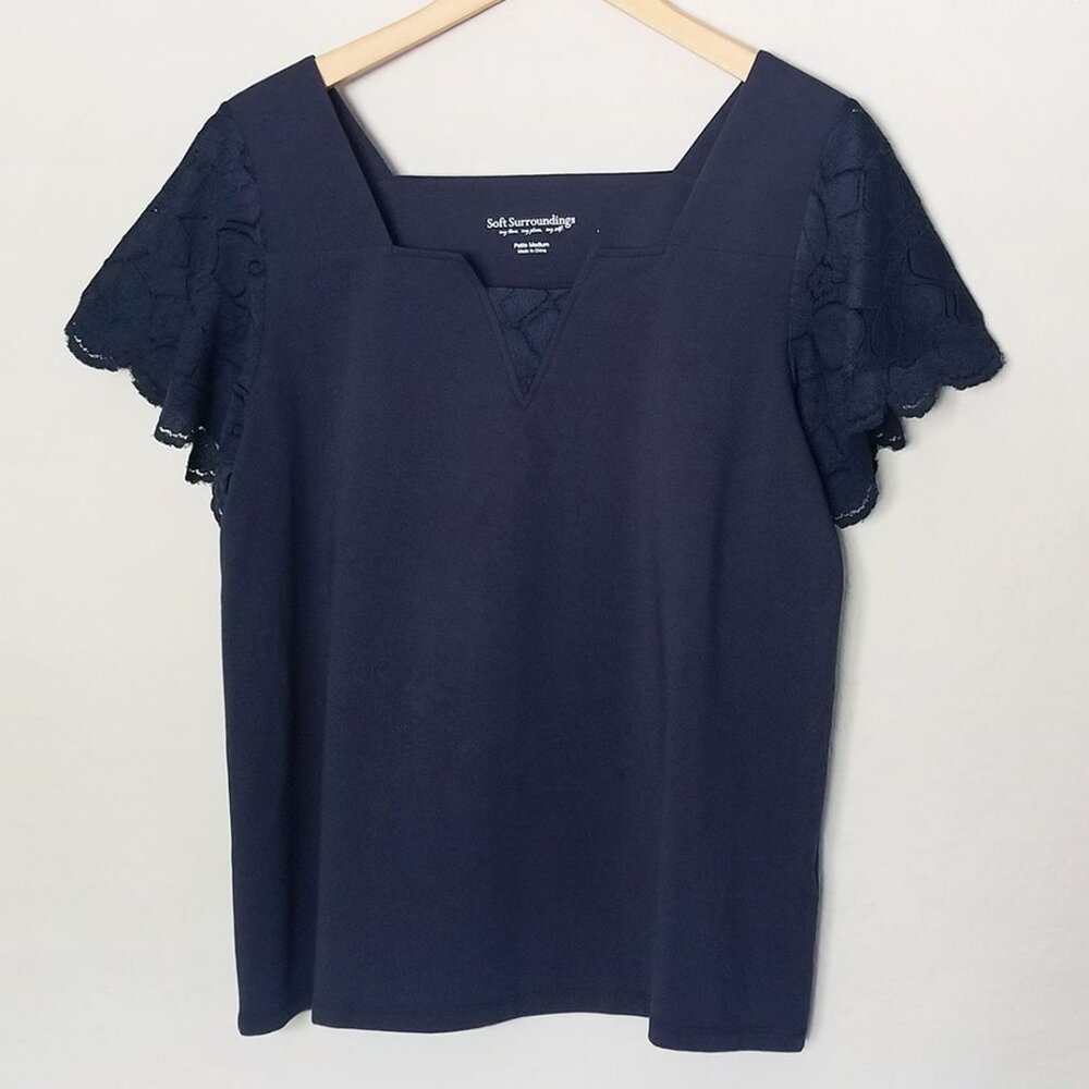 Soft Surroundings Women's MP Navy Blue Lace Flutter Sleeve Square Neck Tee Top